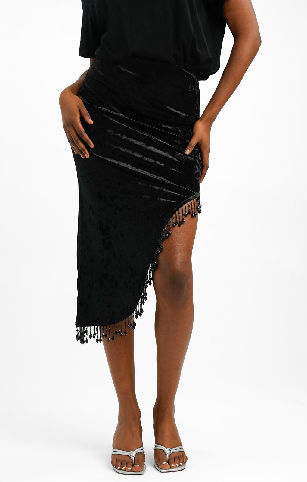 Topshop Velvet Embellished Tassel Skirt In Black