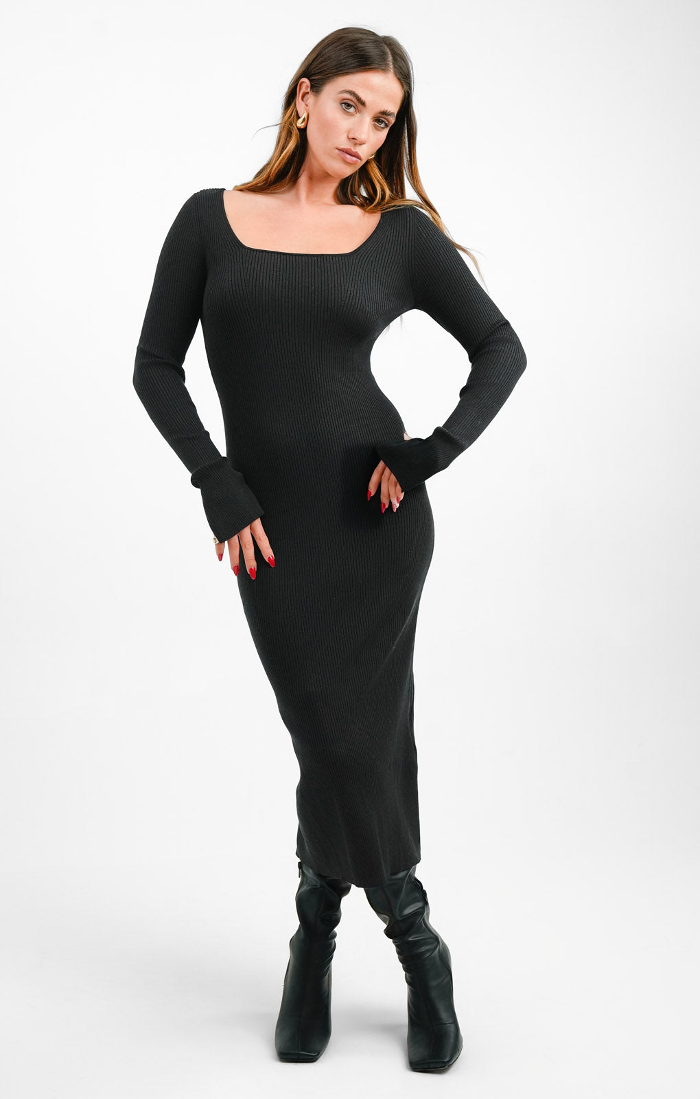 Knitted Rib Midi Dress In Black