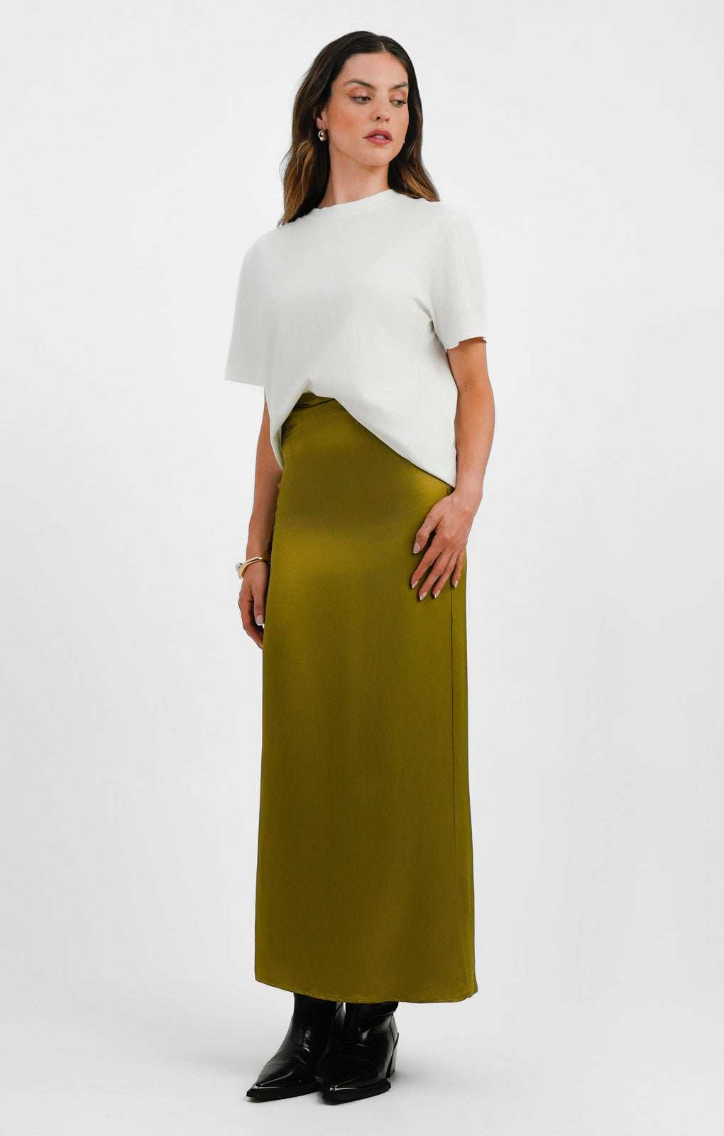 Topshop Super High Waisted Satin Maxi Skirt In Olive