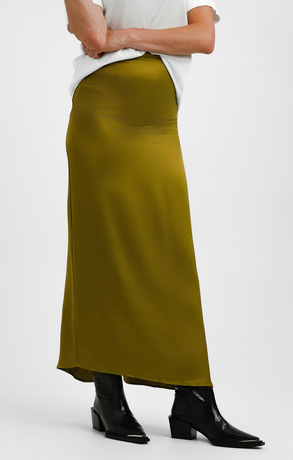 Topshop Super High Waisted Satin Maxi Skirt In Olive