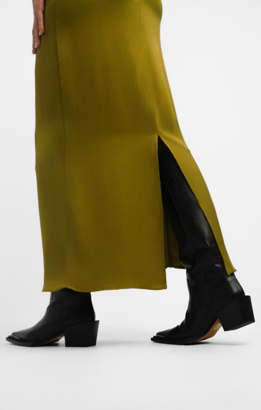 Topshop Super High Waisted Satin Maxi Skirt In Olive