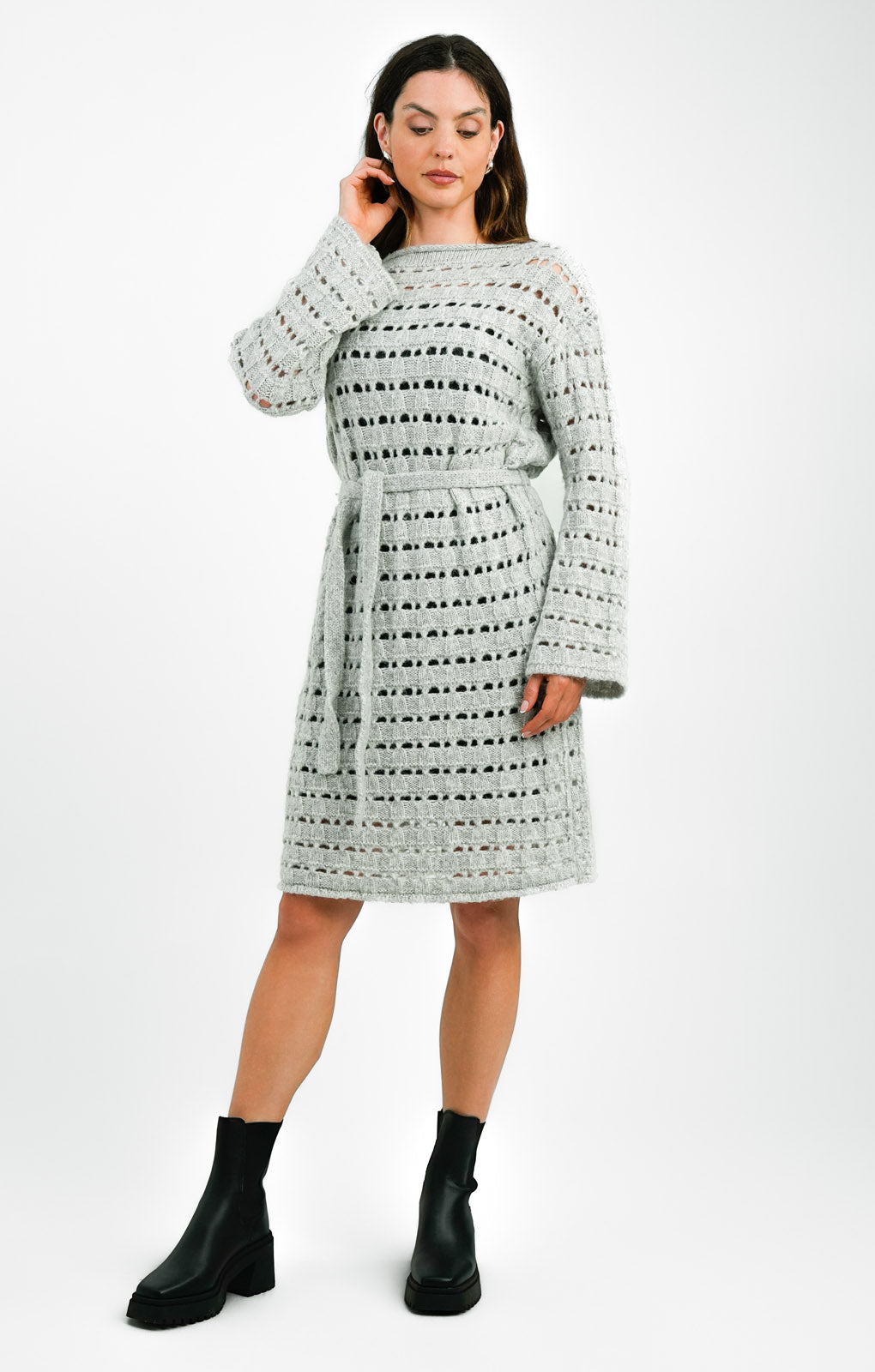 Edited Tie Waist Open Knit Midi Jumper Dress In Stone Grey