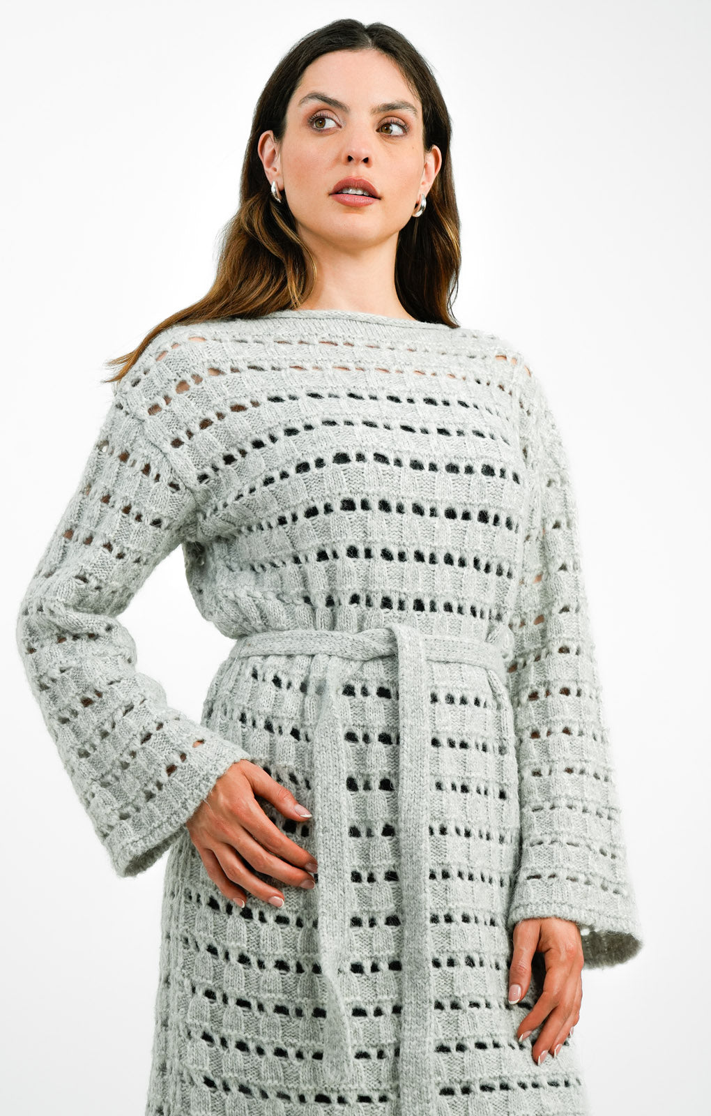 Edited Tie Waist Open Knit Midi Jumper Dress In Stone Grey