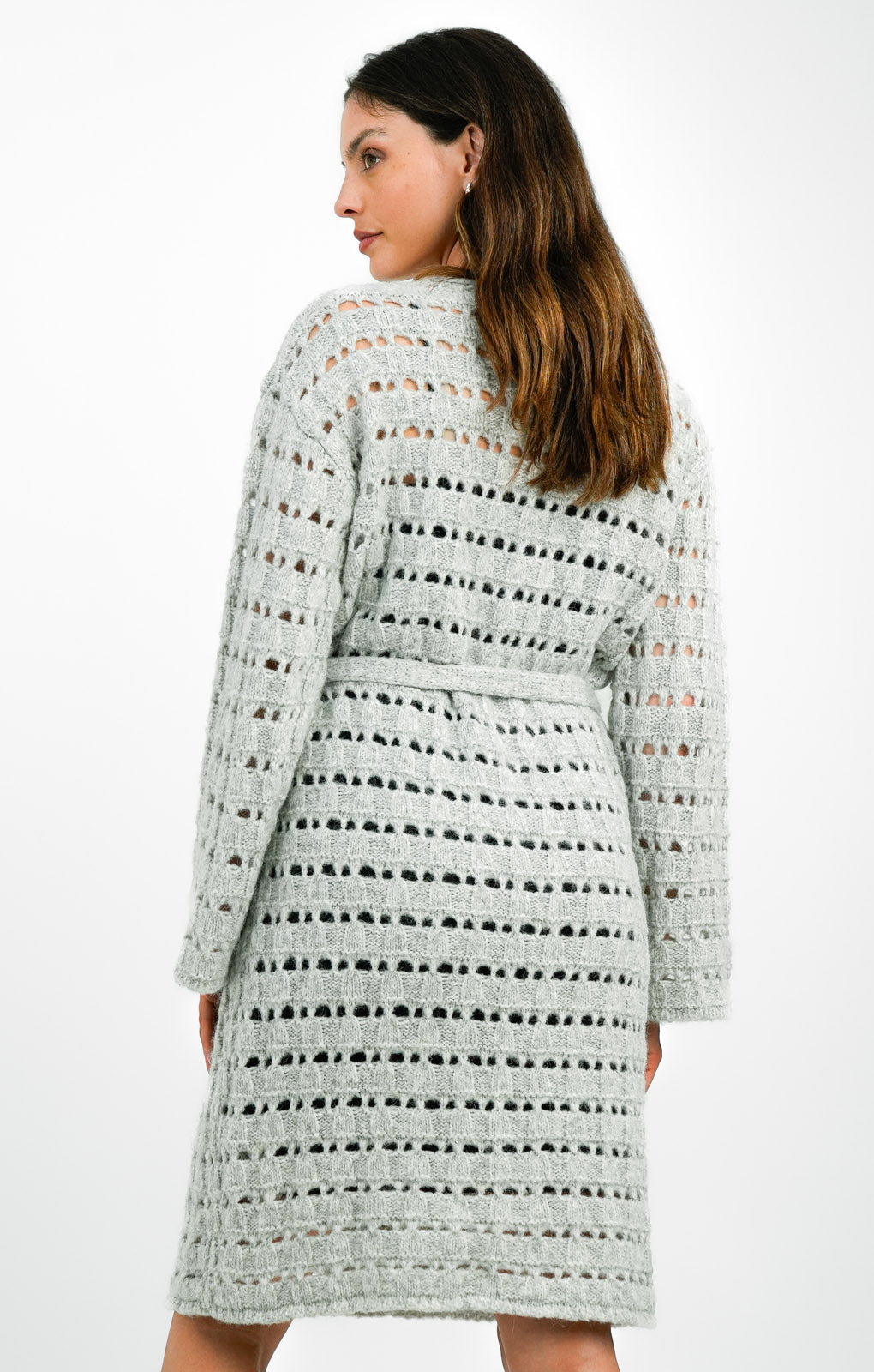 Edited Tie Waist Open Knit Midi Jumper Dress In Stone Grey
