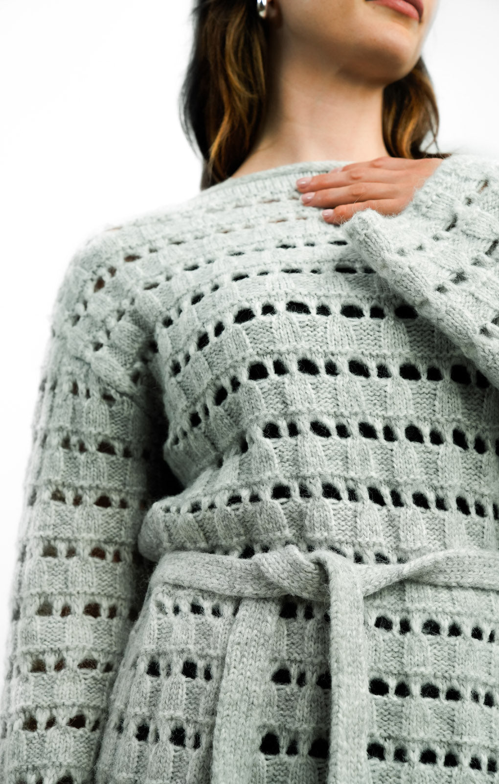 Edited Tie Waist Open Knit Midi Jumper Dress In Stone Grey
