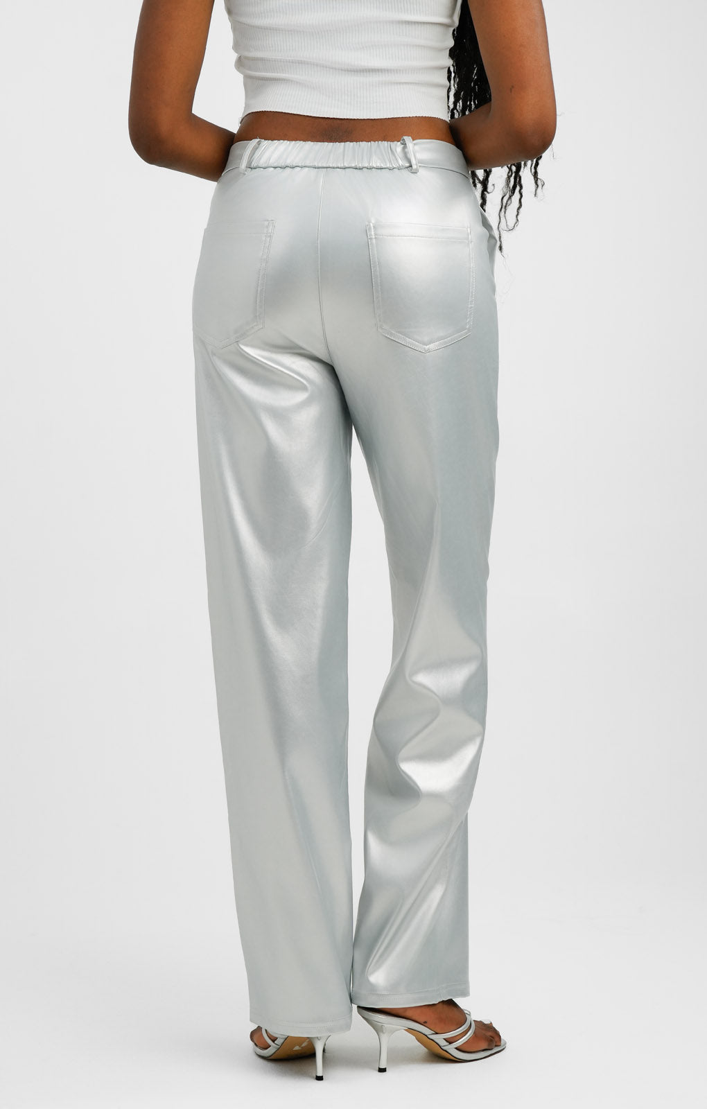 Extro & Vert High Waisted Leather Look Trousers In Silver