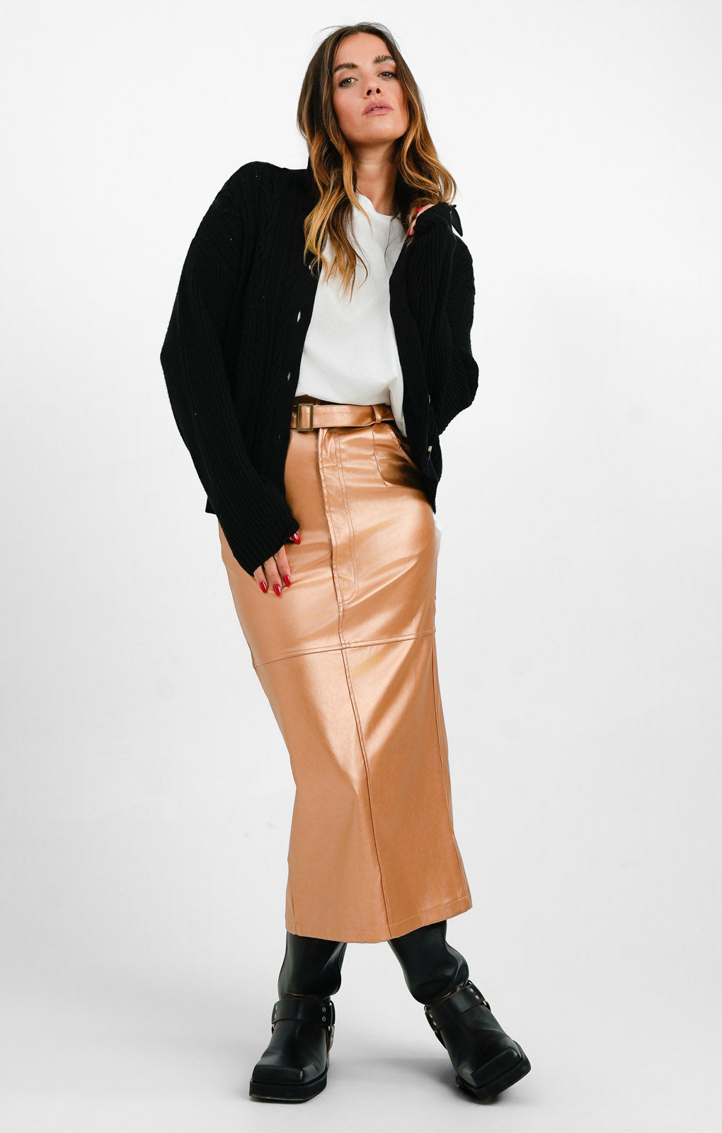 Extro & Vert Midi Leather Look Skirt In Copper Metallic