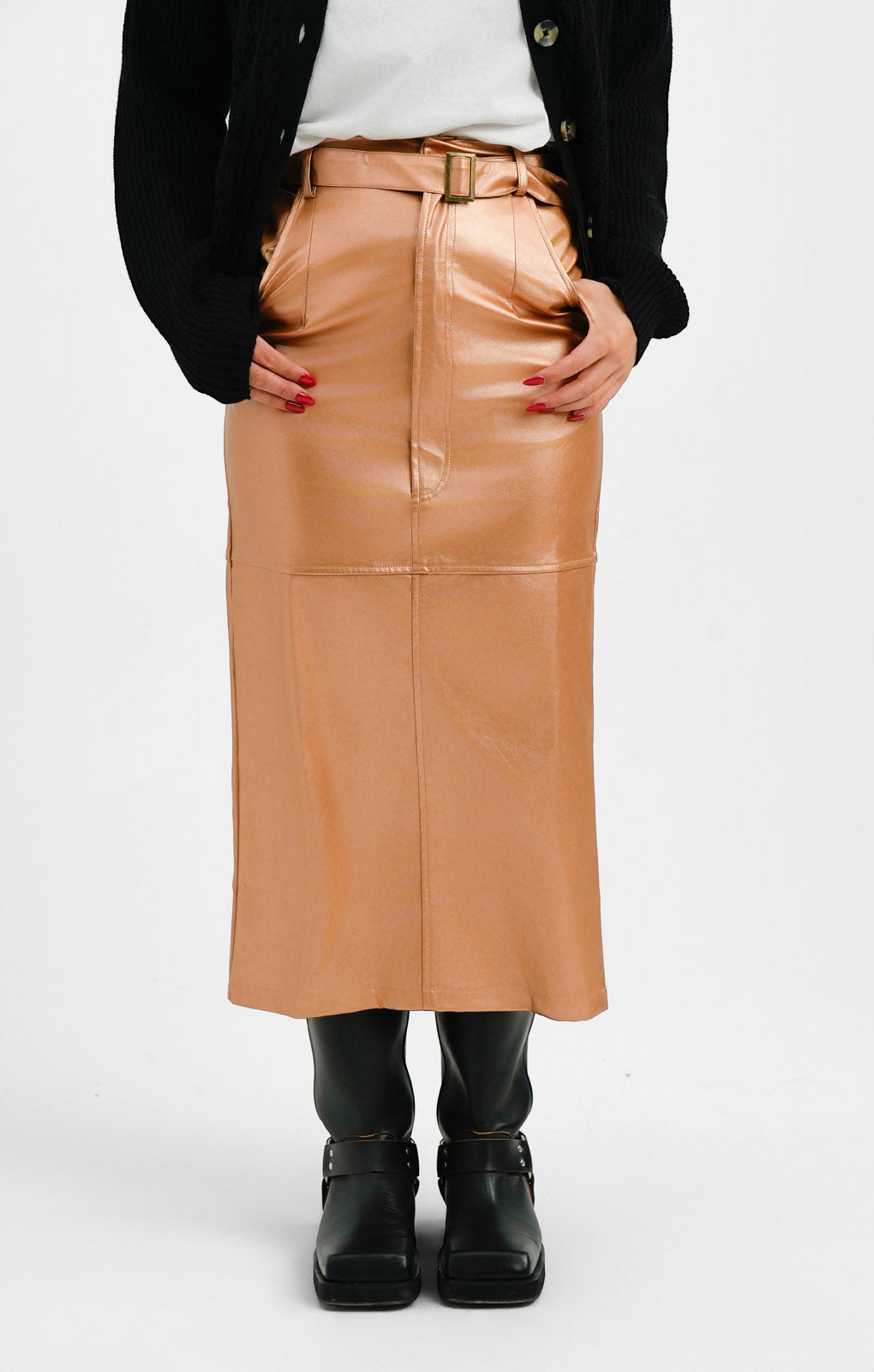 Extro & Vert Midi Leather Look Skirt In Copper Metallic