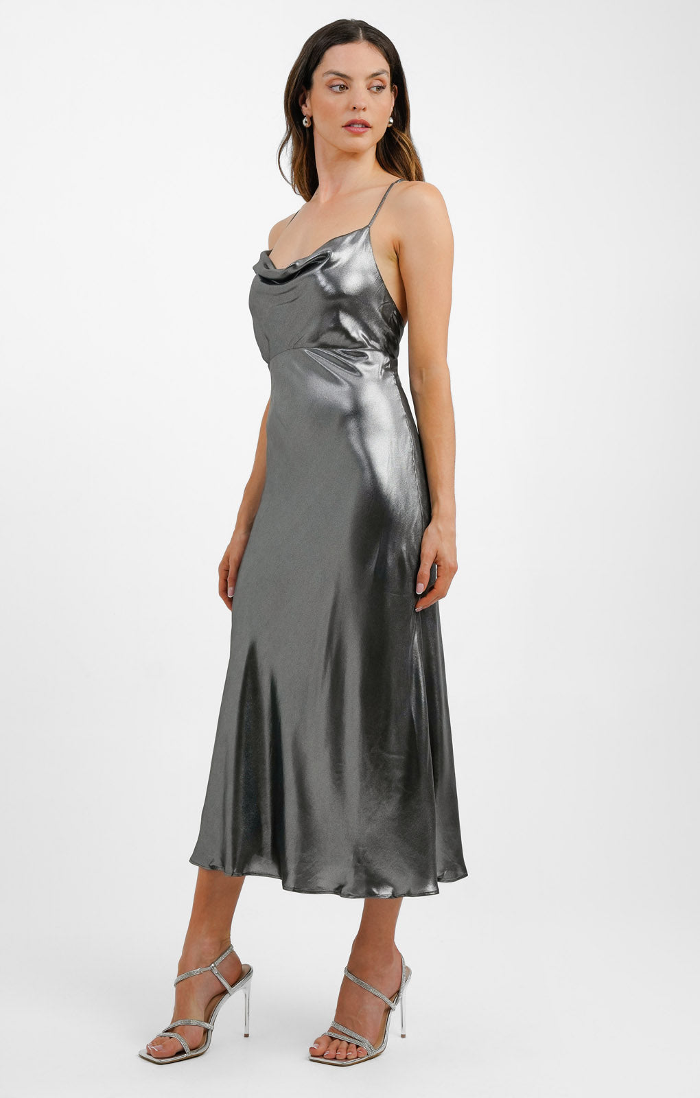 Topshop Cami Slip Midi Dress In Metallic Silver