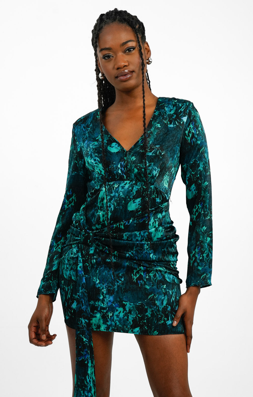 Topshop Long Sleeve Tie Front Mini Dress In Green Print