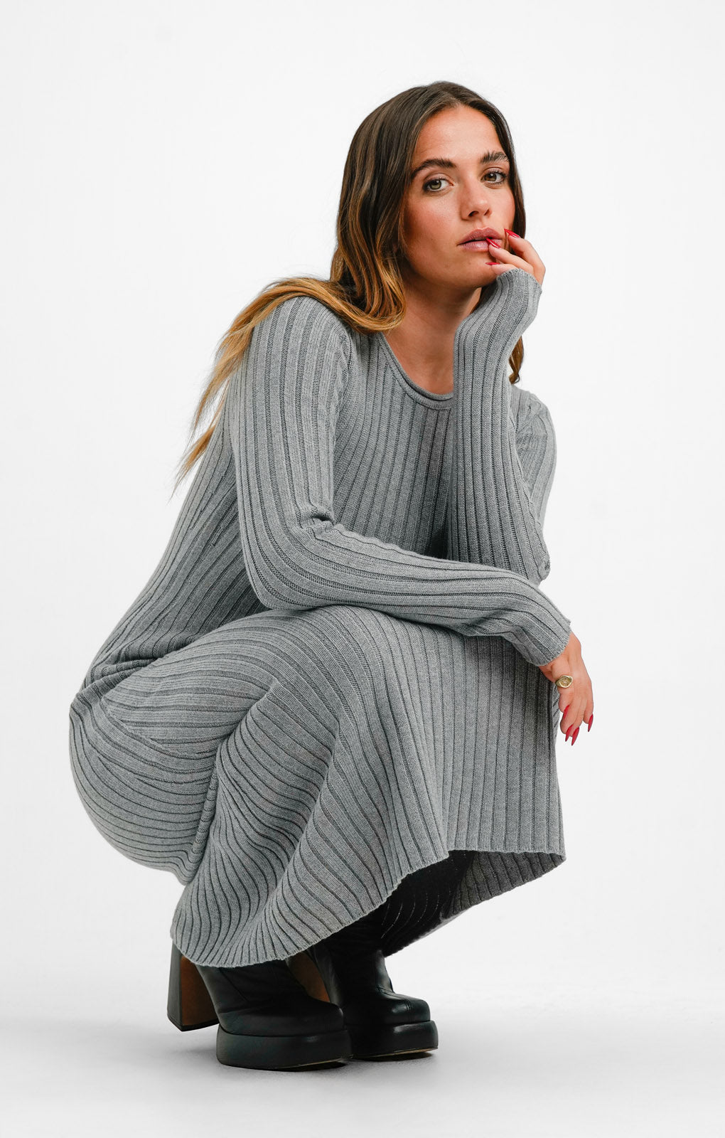 Flared Ribbed Knitted Midi Dress In Grey