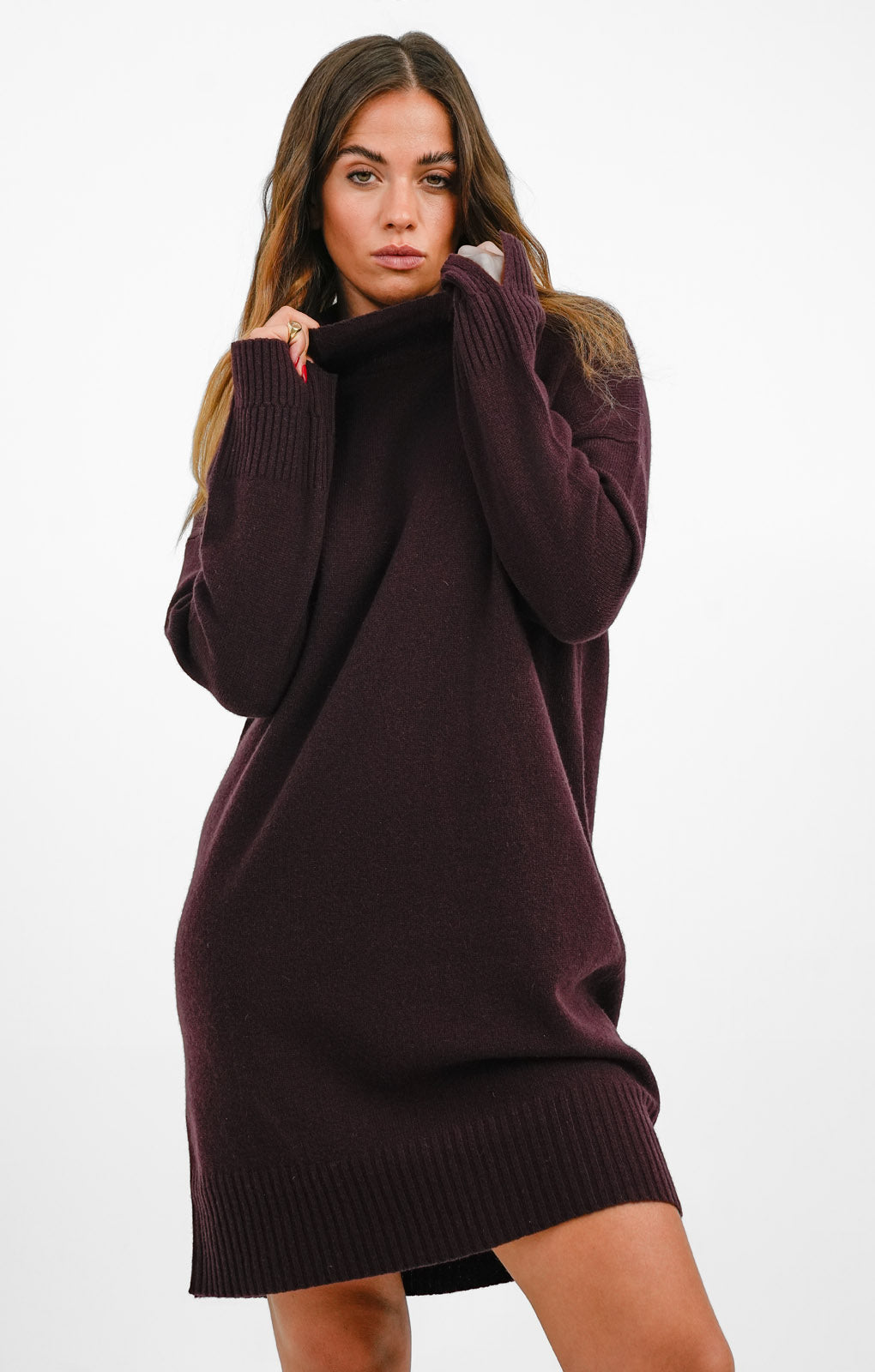Whistles High Neck Knitted Dress In Burgundy