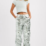 Amy Lynn Y2K Liquid Combat Trouser In High Shine Metallic Silver Co-Ord