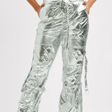 Amy Lynn Y2K Liquid Combat Trouser In High Shine Metallic Silver Co-Ord