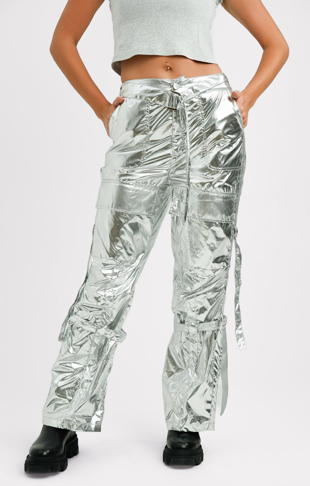 Amy Lynn Y2K Liquid Combat Trouser In High Shine Metallic Silver Co-Ord