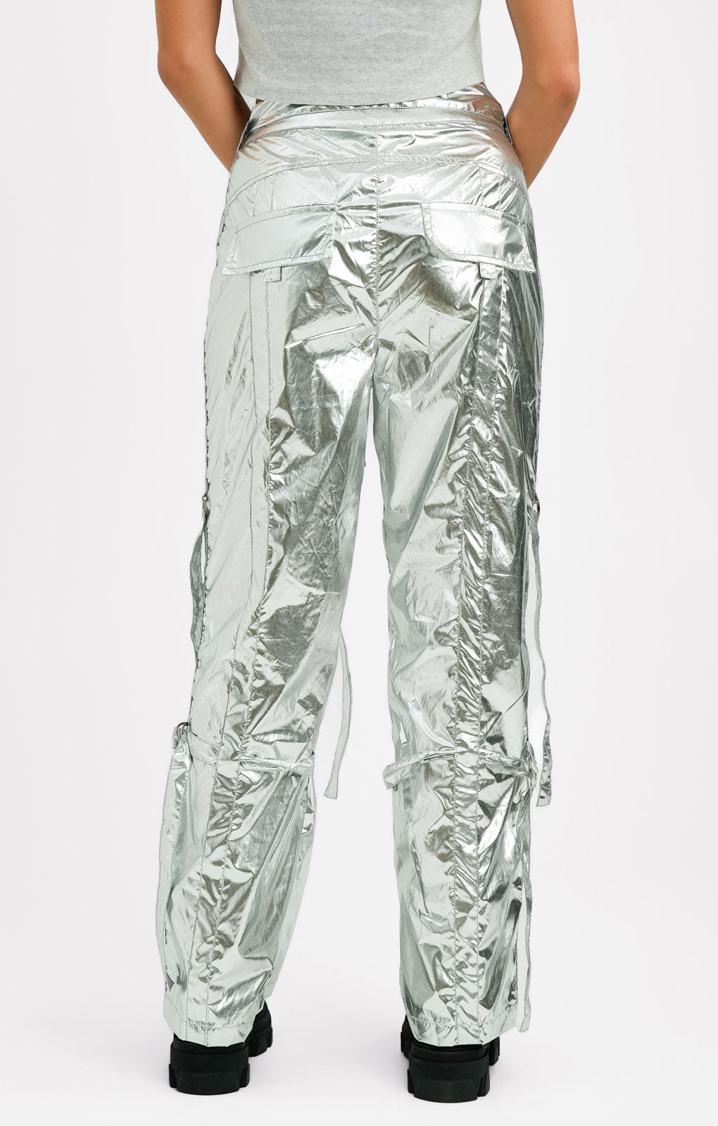 Amy Lynn Y2K Liquid Combat Trouser In High Shine Metallic Silver Co-Ord