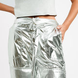 Amy Lynn Y2K Liquid Combat Trouser In High Shine Metallic Silver Co-Ord
