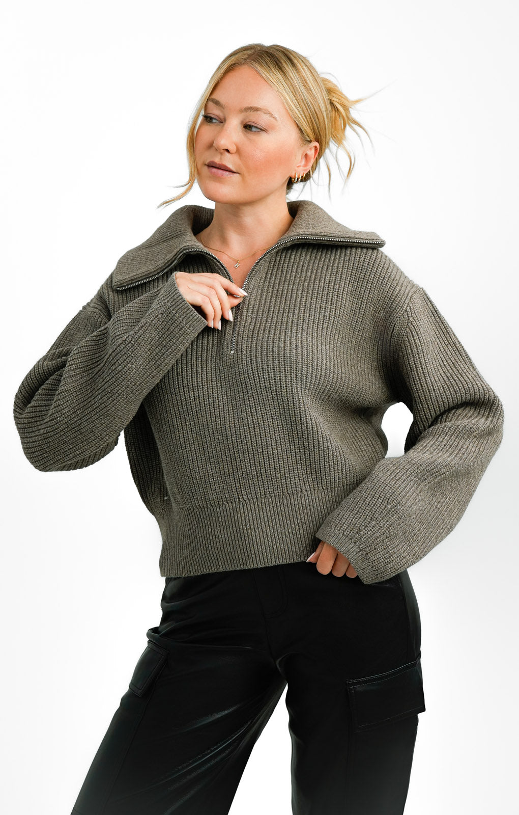 Merino Wool Blend Knitted Chunky Rib Half Zip Sweater In Taupe
