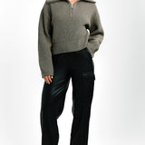 Merino Wool Blend Knitted Chunky Rib Half Zip Sweater In Taupe