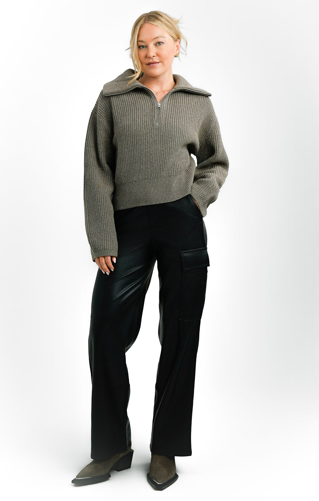 Merino Wool Blend Knitted Chunky Rib Half Zip Sweater In Taupe