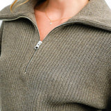 Merino Wool Blend Knitted Chunky Rib Half Zip Sweater In Taupe