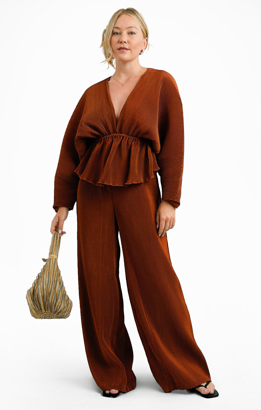 ASOS EDITION Wide Leg Plisse Pleat Front Trouser In Rust