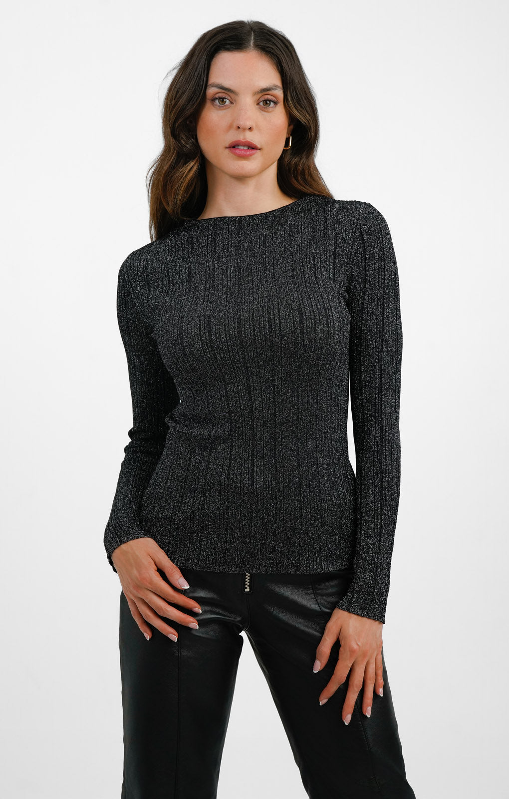 Shrunken Knitted Variegated Rib Top In Black With Silver Metallic