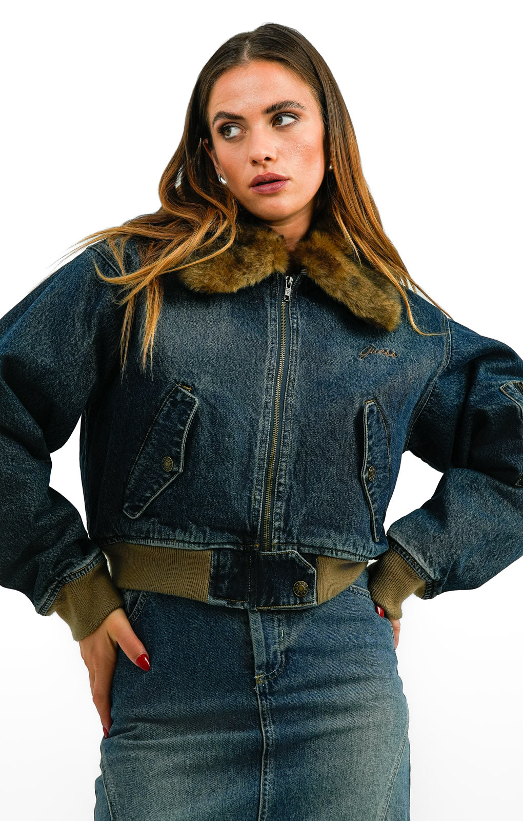 Rent Guess Originals Fur Denim Bomber Jacket In Blue Hirestreet