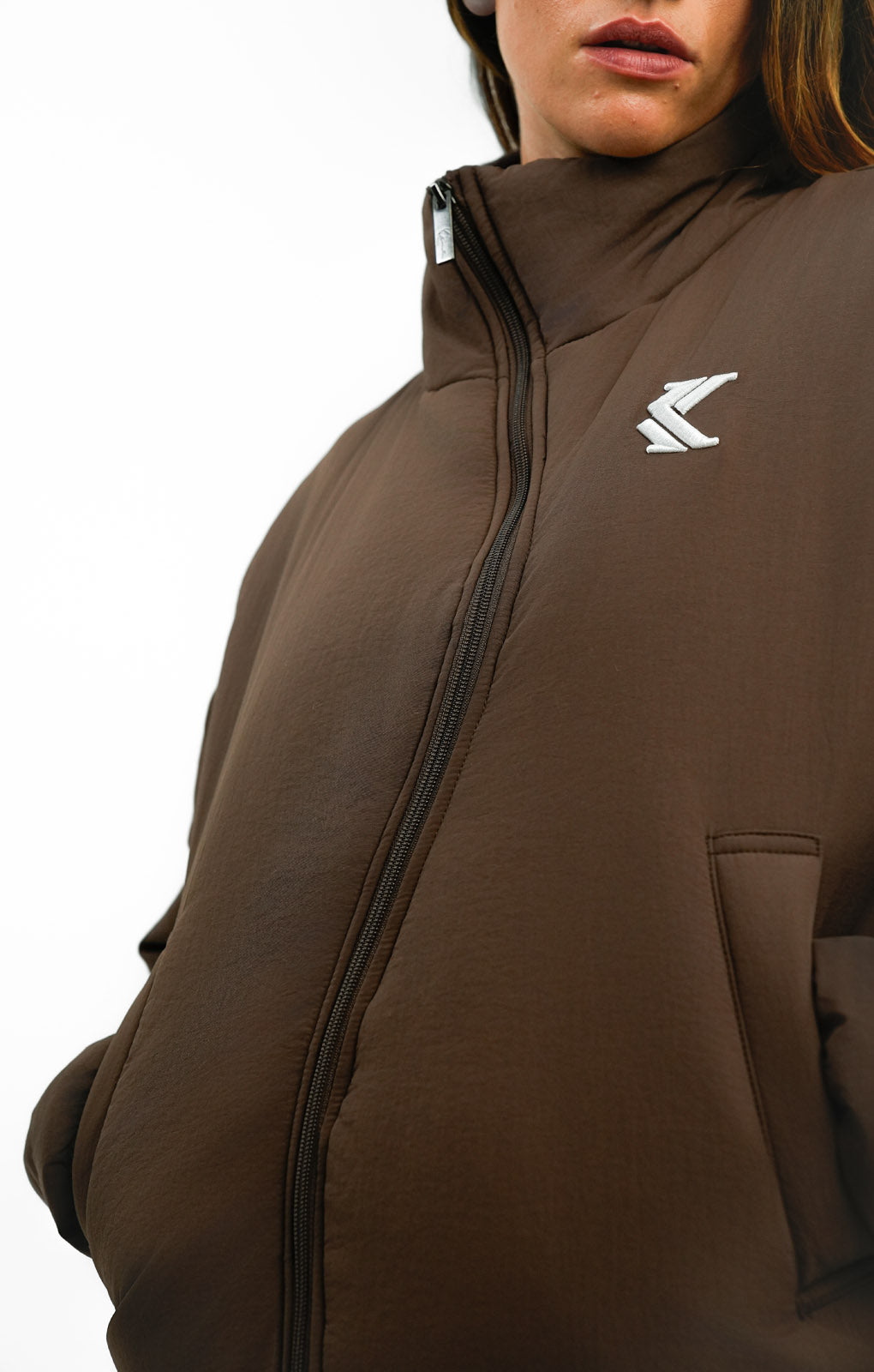 Karl Kani Og Puffer Jacket In Brown With Wavy Zip Detail