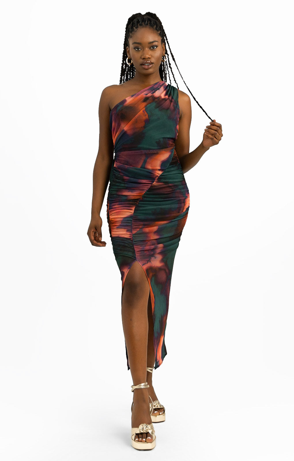 ASOS DESIGN One Shoulder Ruched Mesh Midi Dress In Pink And Green Abstract Print