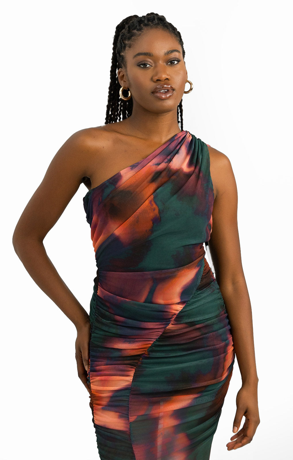 ASOS DESIGN One Shoulder Ruched Mesh Midi Dress In Pink And Green Abstract Print