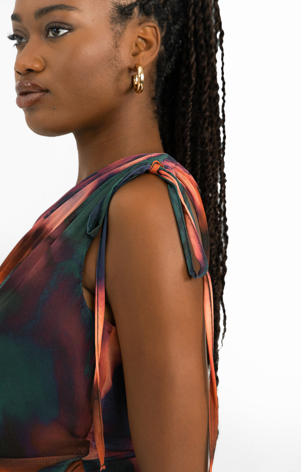 ASOS DESIGN One Shoulder Ruched Mesh Midi Dress In Pink And Green Abstract Print