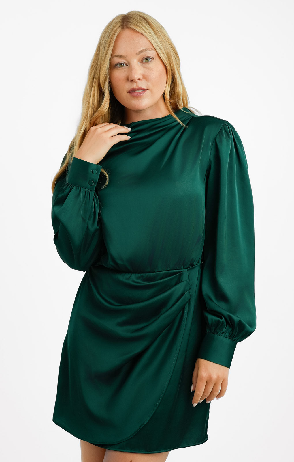 Abercrombie & Fitch Long Sleeve Satin Draped Dress In Green