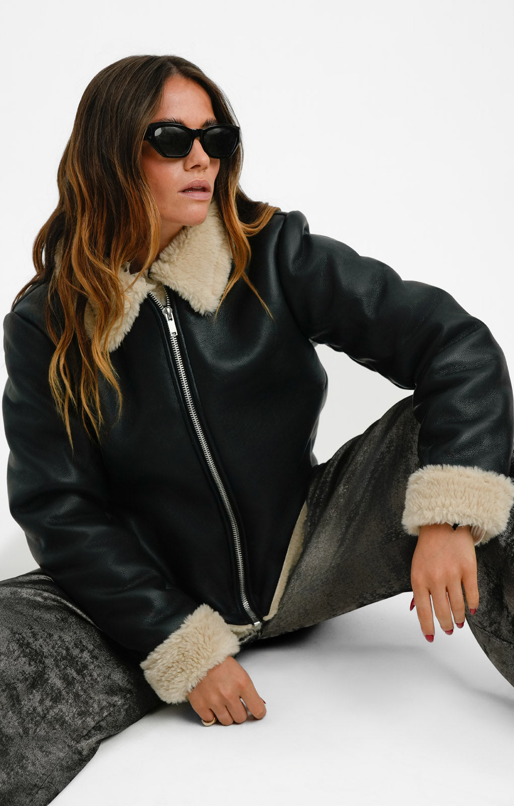 NA-KD x Claire Rose Faux Leather Teddy Jacket In Black