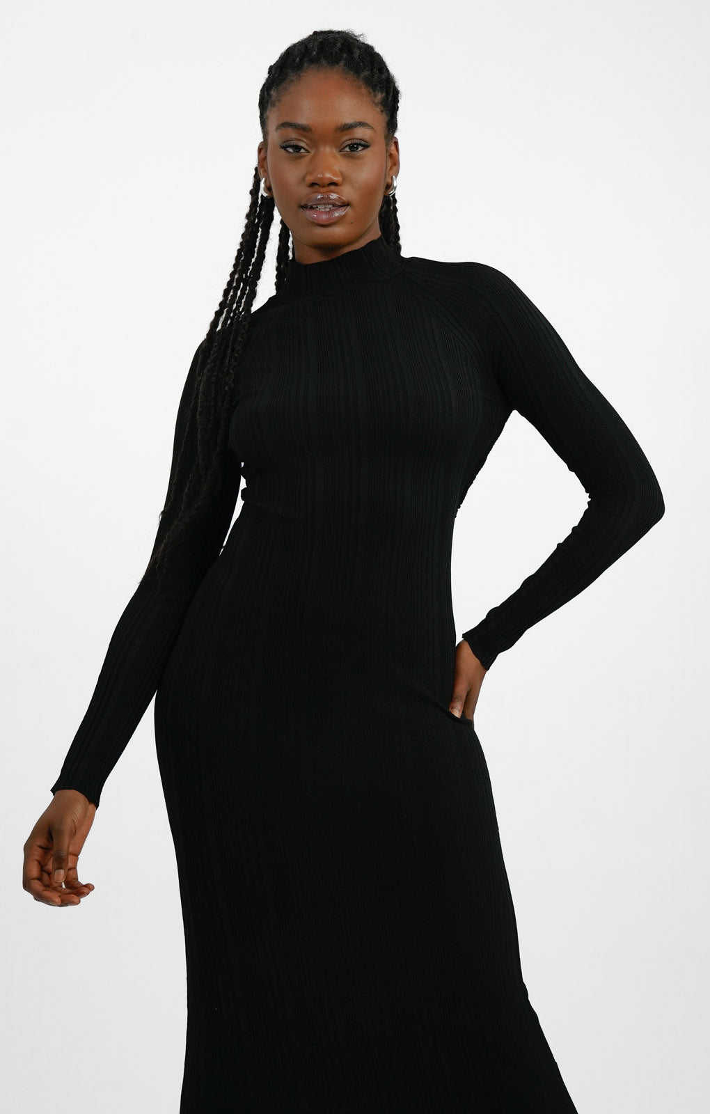 Pimkie High Neck Knitted Rib Maxi Dress With Back Cut Out In Black