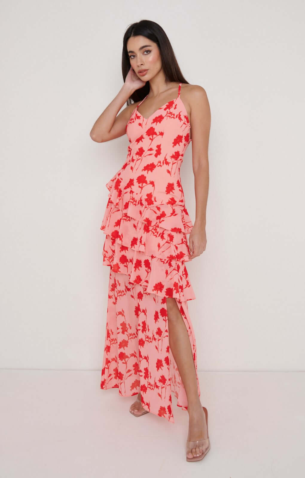 Pretty Lavish Hettie Asymmetric Pink/Red Floral Ruffle Maxi Dress
