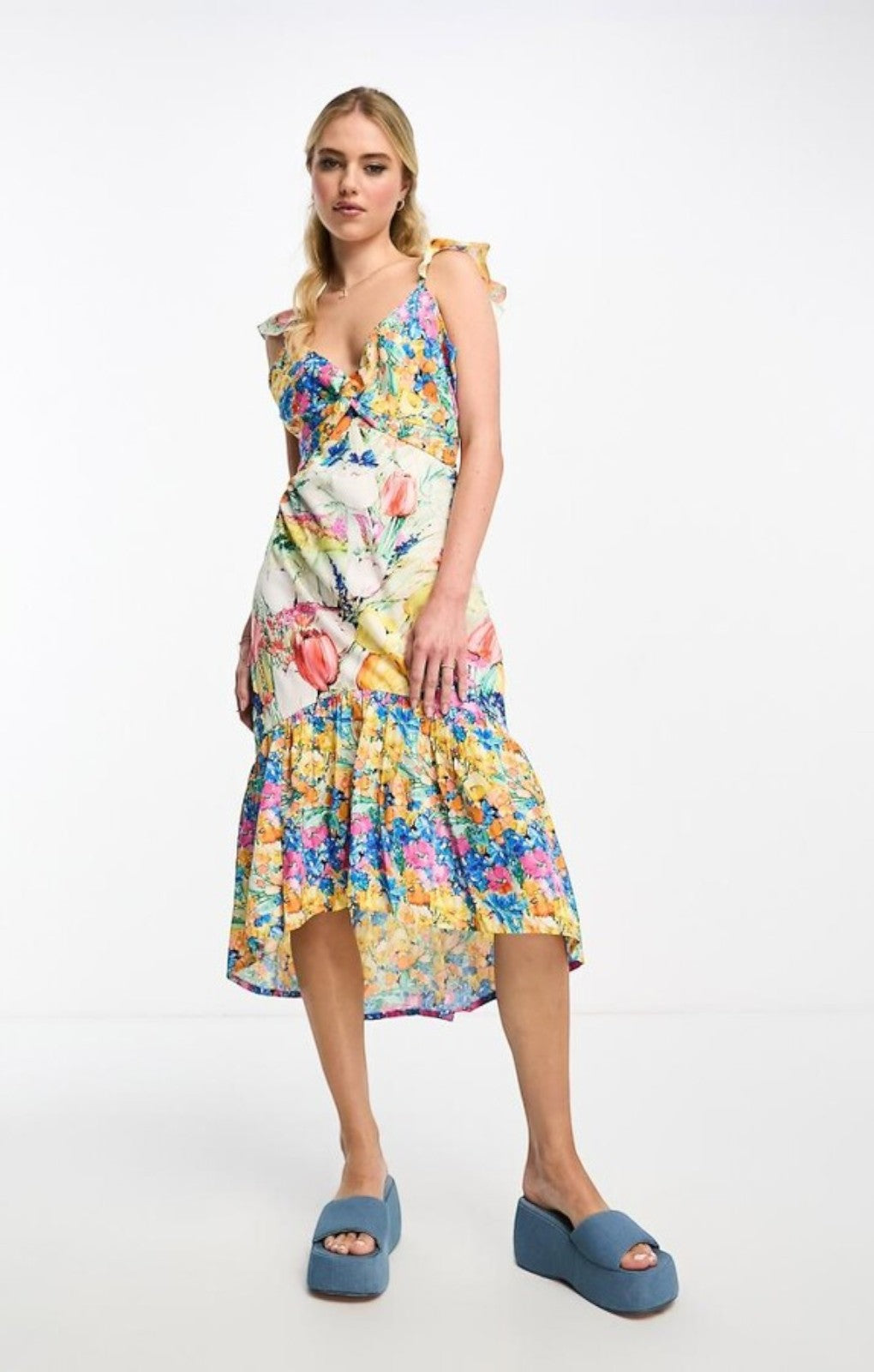 Hope & Ivy Twist Front High Low Midi Dress In Bright Floral – dresses by Hope & Ivy, available to rent from Hirestreet