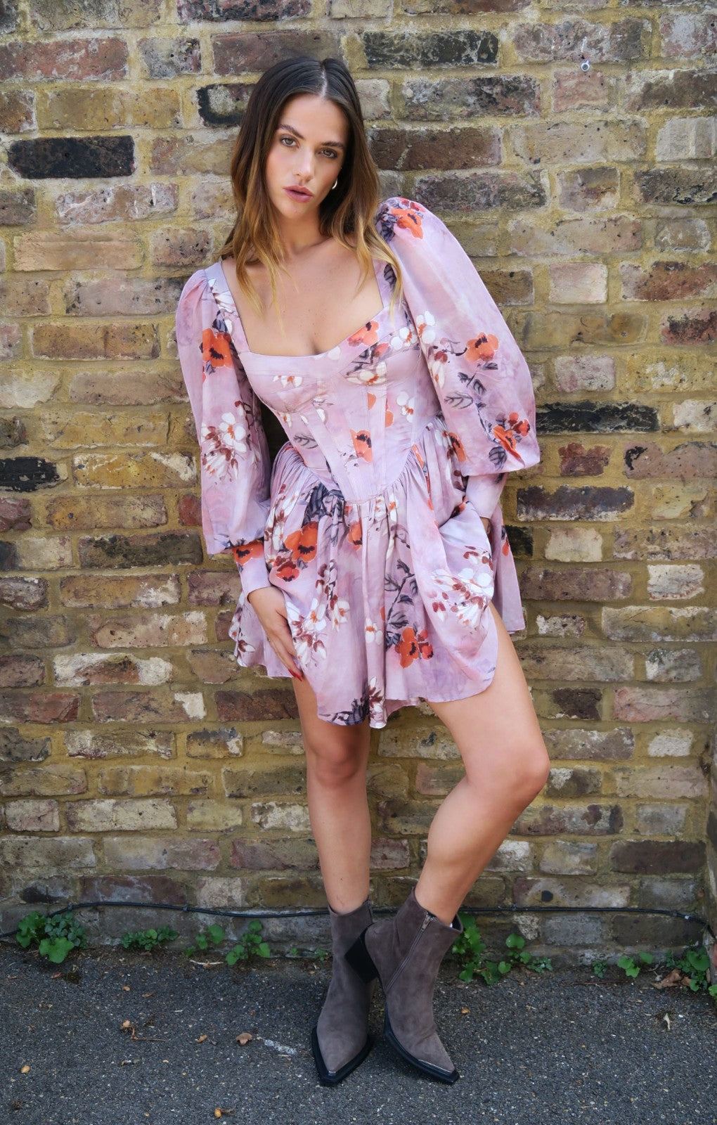 Bardot Long Sleeve Corset Mini Dress In Purple Floral