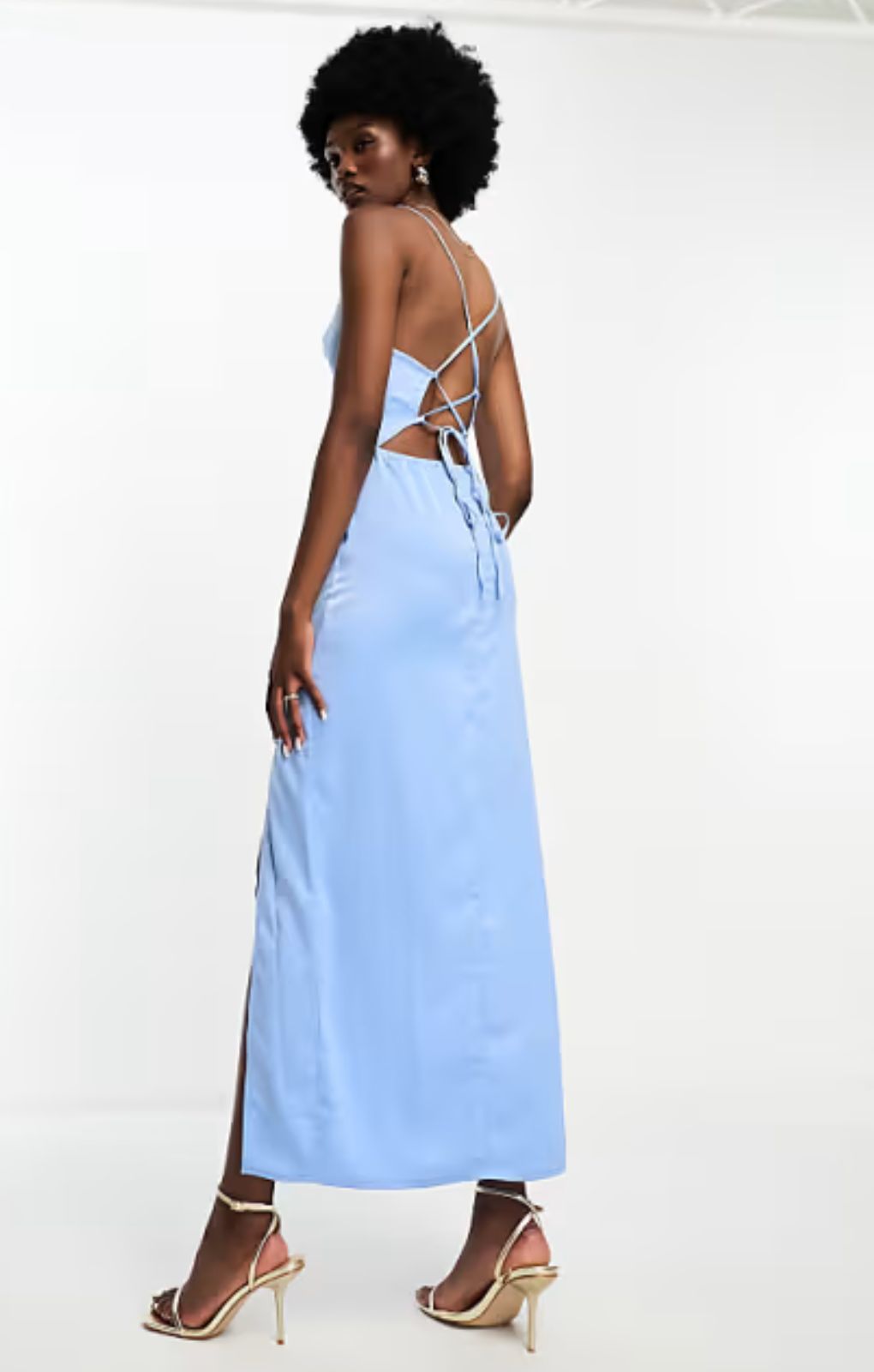 In The Style Tall Exclusive Satin Cowl Neck Tie Back Maxi Dress In Blue – dresses by In The Style Tall, available to rent from Hirestreet