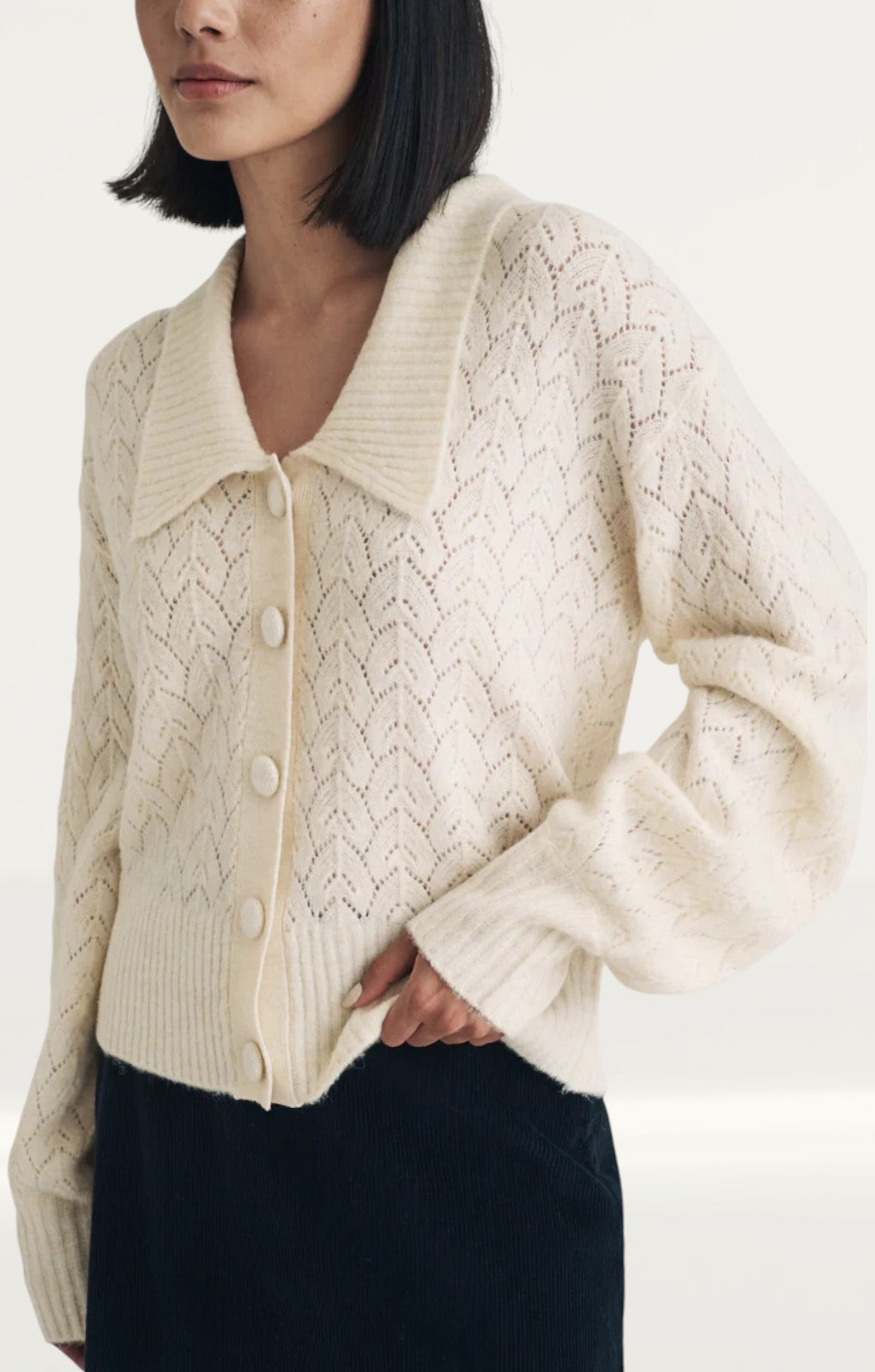 Nobody's Child Cream Collar Pointelle Wool Blend Knitted Cardigan