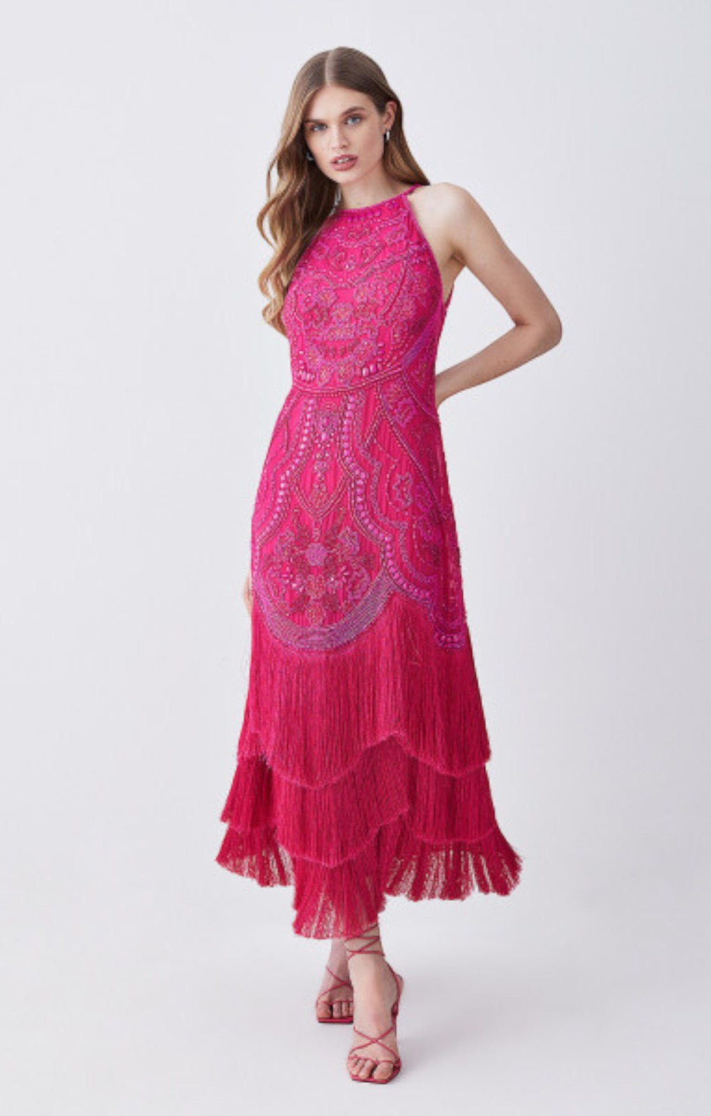 Karen Millen Fringed Beaded Woven Midi Dress – dresses by Karen Millen, available to rent from Hirestreet