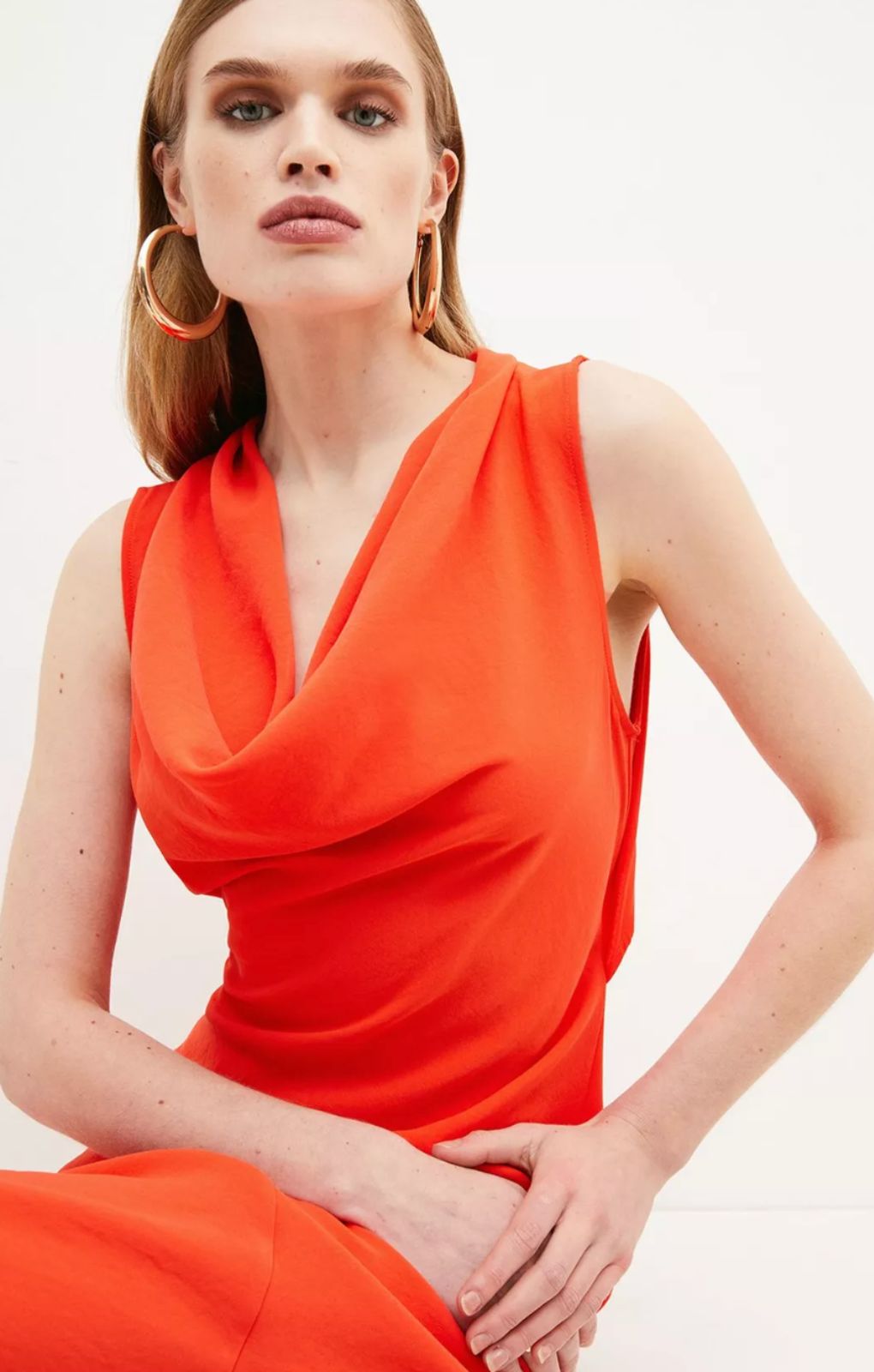 Karen Millen Red Fluid Crepe Cowl Neck Woven Midi Dress
