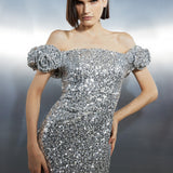 Karen Millen Sequin Corsage Bardot Split Woven Midi Dress – dresses by Karen Millen, available to rent from Hirestreet