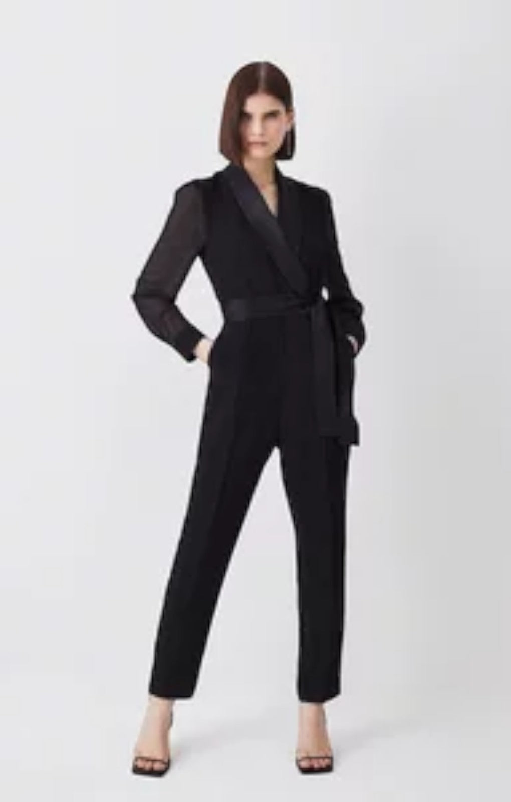 Karen Millen Sheer Sleeve Tuxedo Wrap Jumpsuit – jumpsuits & playsuits by Karen Millen, available to rent from Hirestreet