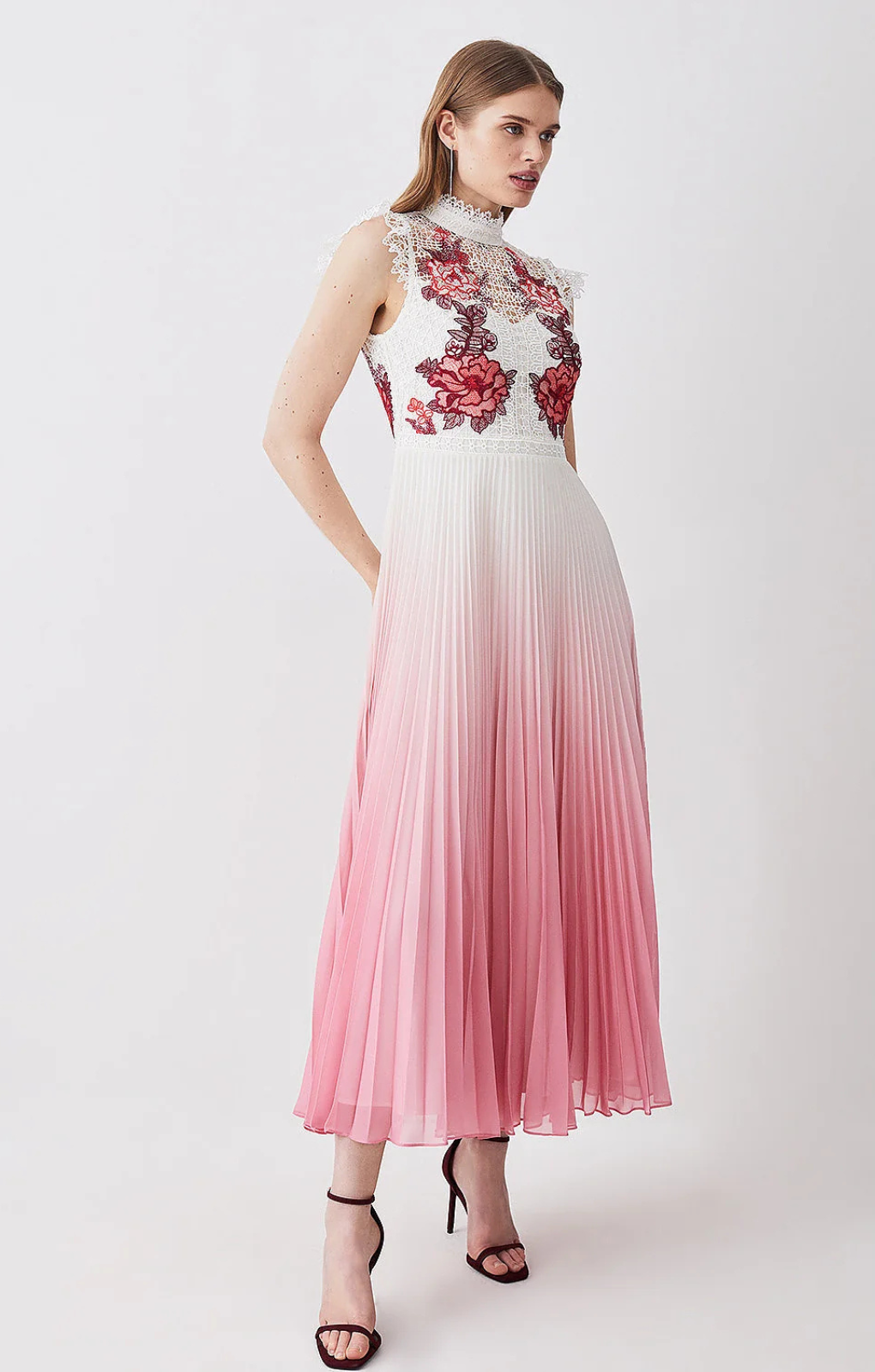 Karen Millen Rose Guipure Lace Woven Pleat Skirt Midi Dress – dresses by Karen Millen, available to rent from Hirestreet