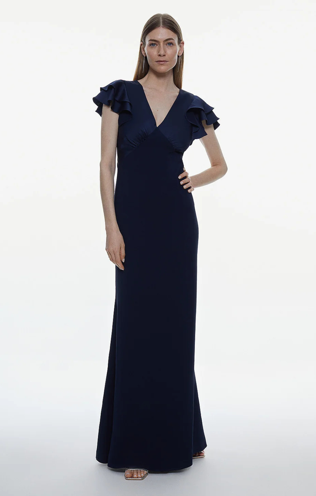 Karen Millen Ruffle Back V Neck Satin Maxi Dress – dresses by Karen Millen, available to rent from Hirestreet