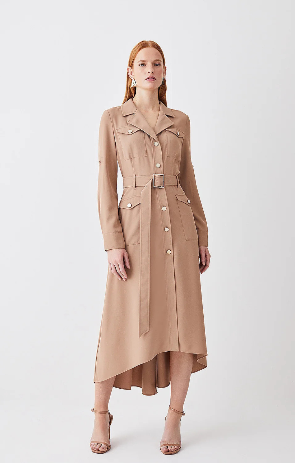Karen Millen Soft Tailored Belted Crepe High Low Shirtdress – dresses by Karen Millen, available to rent from Hirestreet
