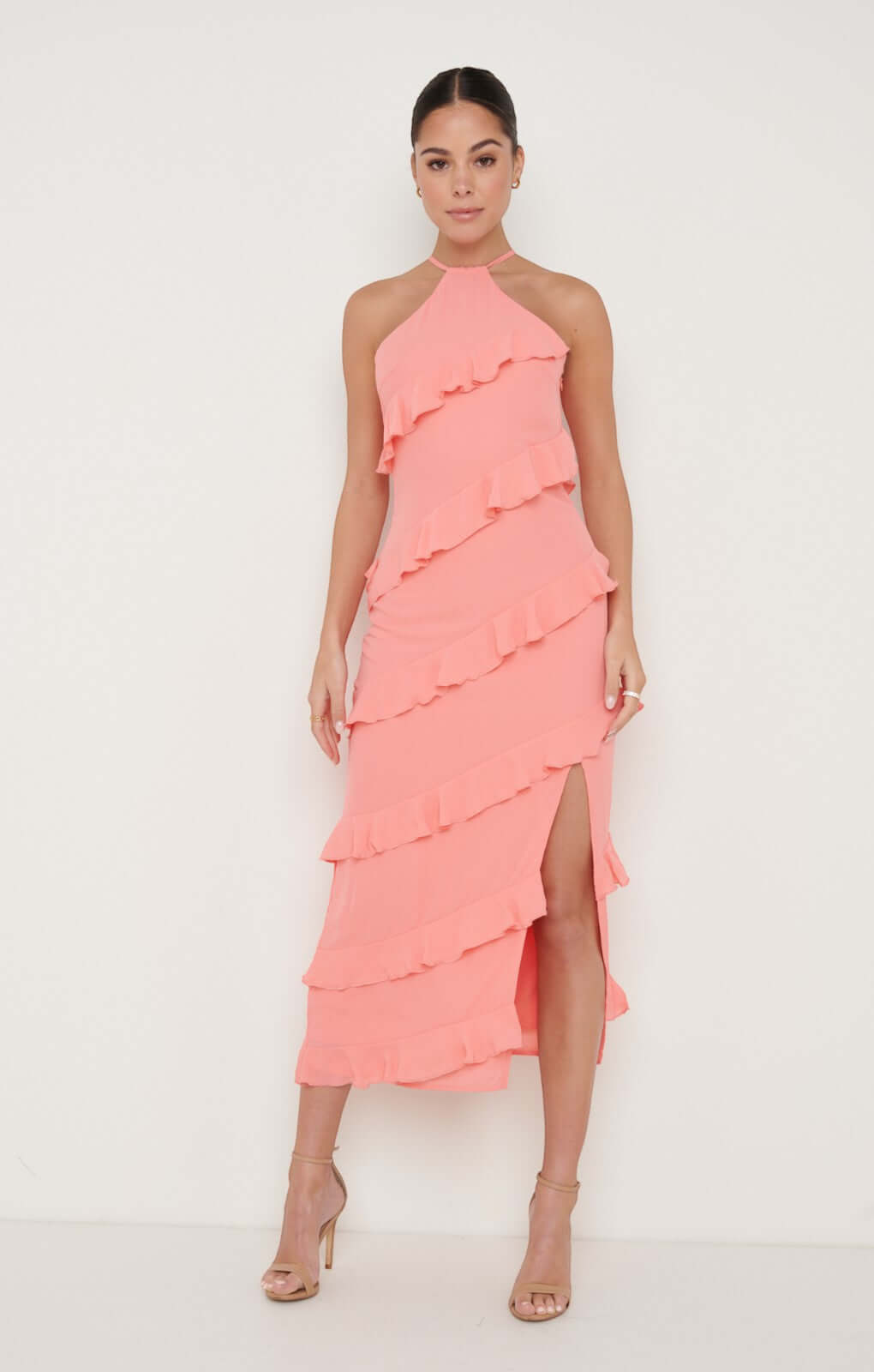 Pretty Lavish Katy Ruffle Coral Midaxi Dress