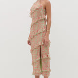 Pretty Lavish Katy Ruffle Midaxi Dress in Pink and Green Abstract Spot – dresses by Pretty Lavish, available to rent from Hirestreet
