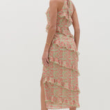Pretty Lavish Katy Ruffle Midaxi Dress in Pink and Green Abstract Spot – dresses by Pretty Lavish, available to rent from Hirestreet